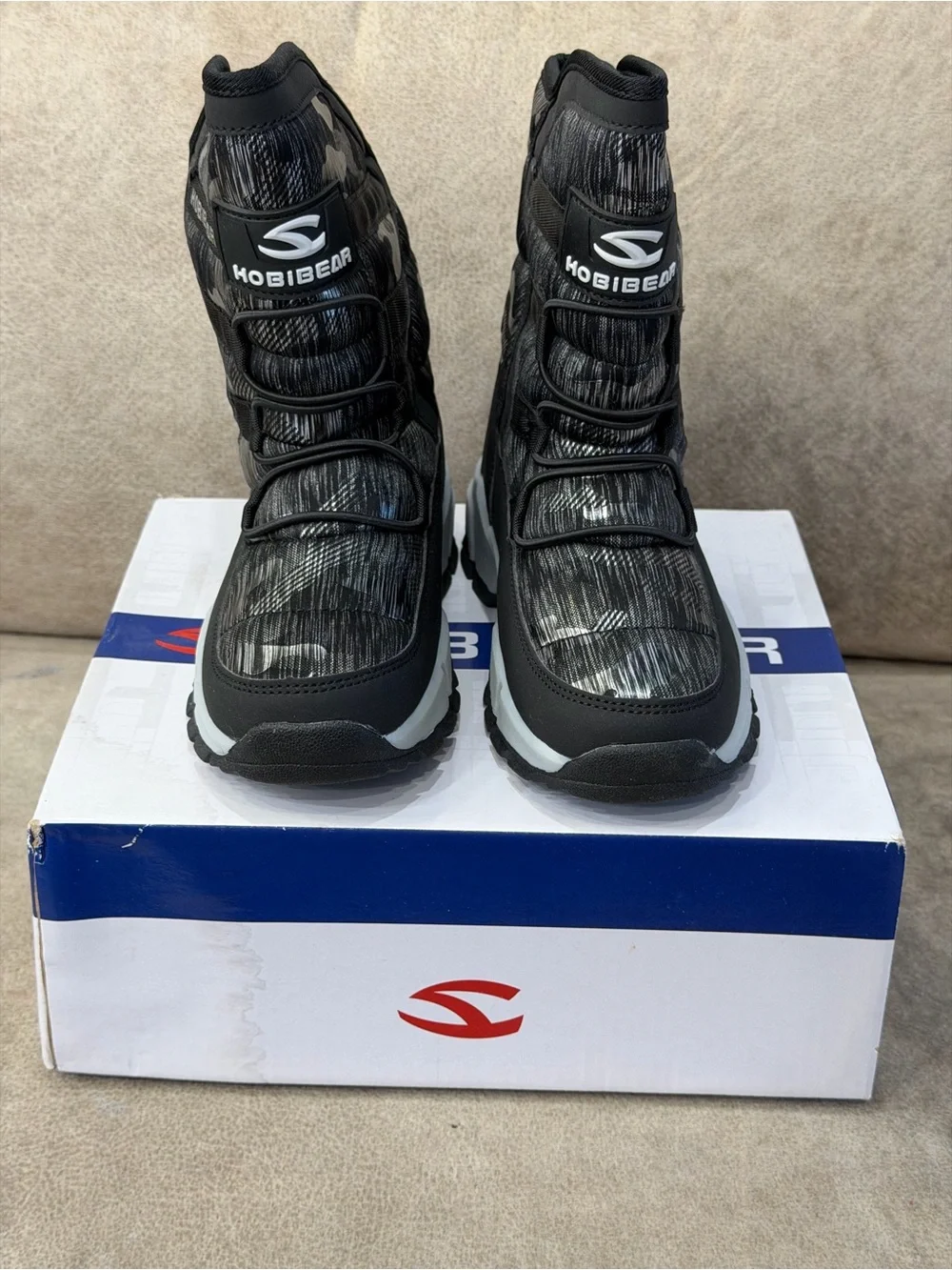 HOBIBEAR Kids Black Gray Camo Winter Snow Boots Size 32 New in Box